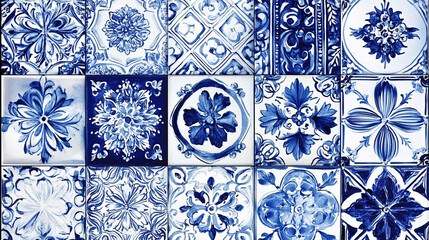 Blue and White Portuguese Tiles  Azulejo Pattern  Vintage Floral Design   Hand painted Cer