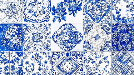 Blue and White Tile Pattern  Ceramic Azulejos  Floral Design  Vintage Background Texture