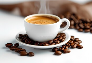 A steaming cup of coffee surrounded by roasted beans