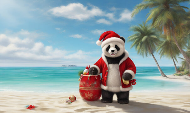 Panda in a red Santa suit on the seashore against a background of palm trees.