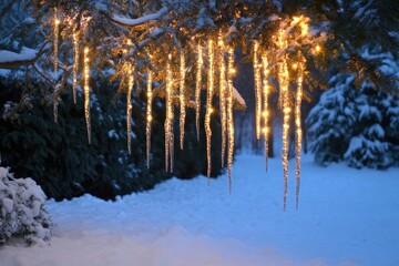 Obraz premium Glowing icicle decorations hanging from a snow-covered evergreen branch, illuminated warmly against a serene winter backdrop