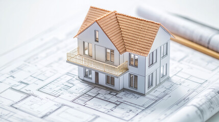 New Home Construction  House Model on Blueprint  Real Estate  Architecture Design