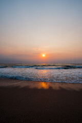 An amazing sunrise over the Black Sea in Eforie, Romania, offers a breathtaking sight as the sun begins to rise over the horizon.