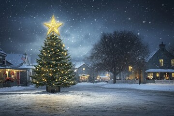 Fototapeta premium Glistening Christmas tree topped with a glowing star, standing in the center of a snow-covered village square during a quiet winter night