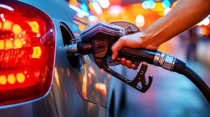 Fueling Up Car at Night  Gas Station  Hand  Nozzle  Energy  Transportation