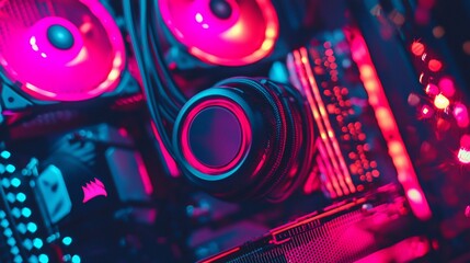 Fototapeta premium Close-up of PC components, headphones, and RGB lighting. Vivid neon colors illuminate computer hardware.