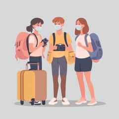 Masked travelers with luggage and cameras.