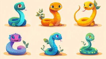 Fototapeta premium Adorable Cartoon Snakes Colorful Reptile Collection Childrens Illustration