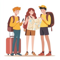 Fototapeta premium Happy friends with backpacks and map planning a trip.
