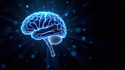 Fototapeta premium A graphic illustration of a human brain with blue hues, set against a star-filled sky, symbolizing artificial general intelligence (AGI).