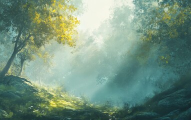 Obraz premium Misty Forest Morning with Sunlight Filtering Through Fog, Illuminating Trees on Hillsides, Creating an Otherworldly, Ethereal Atmosphere.