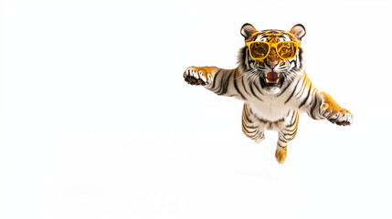 Obraz premium Stylish funny tiger with yellow sunglasses jumping against a bright white background with copy space, no shadow