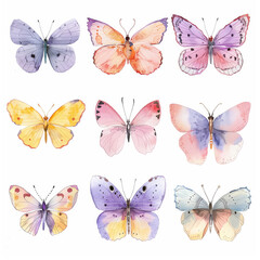 A collection of variously colored butterflies resting on a white background
