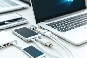 Modern technology devices and accessories connected to laptop on white table.