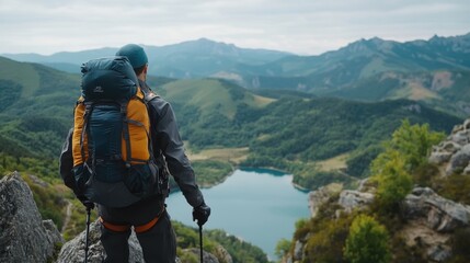 Obraz premium Trekker Enjoying Stunning Mountain View Overlooking Serene Lake and Lush Greenery in Nature's Embrace