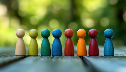 wooden figure in a row - This visual metaphor can represent unity among diverse individuals