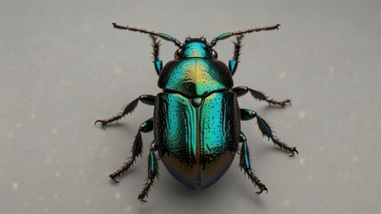 Fototapeta premium Close-up of a vibrant iridescent green beetle on a neutral background.