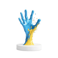 Obraz premium A vibrant splash of blue and yellow paint shaped like a hand, symbolizing creativity., isolated on a transparent background.