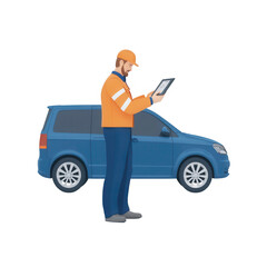 A worker in an orange vest uses a tablet near a blue utility vehicle., isolated on a transparent background.