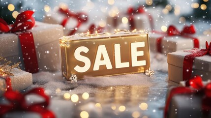 A festive "SALE" scene with bold white text surrounded by holiday-themed elements like golden gift boxes, red ribbons, and glowing fairy lights, set against a soft snowflake-patterned background.