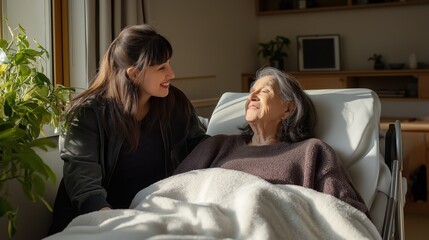 A young volunteer gently places a blanket over a smiling elderly woman, creating a cozy and supportive atmosphere in her home