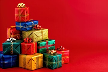 Obraz premium A vibrant collection of colorful Christmas gifts sits against a red background, symbolizing holiday cheer and celebration