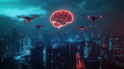 A futuristic cityscape illuminated by AI-controlled drones and holographic projections, with a glowing digital brain hovering above the skyline