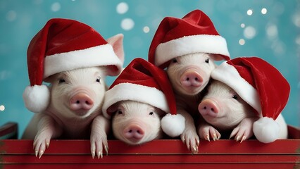 Three small piglets wearing red and white Santa hats, The piglets are positioned side by side, leaning over a red box adorned with white snowflake patterns illustration image.