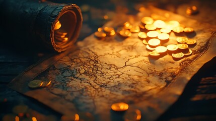 Obraz premium Treasure map with gold coins and ancient container.