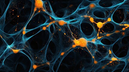 A glowing neural network with vibrant blue and orange nodes interconnected by sleek digital lines, set against a dark gradient background, creating a sense of AI-driven complexity and innovation. 