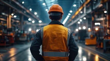 Industrial Worker in Hard Hat Observing Manufacturing Process in Modern Factory Setting with Bright Lighting and Machinery in Background