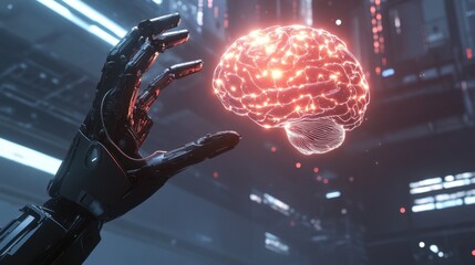A sleek robotic hand holding a glowing holographic brain made of light particles, set against a high-tech background with data streams and digital interfaces