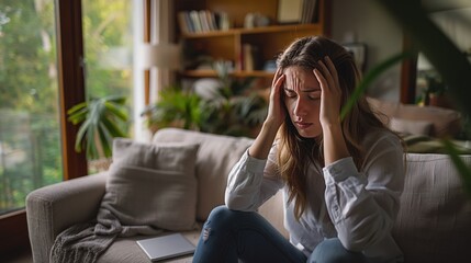 Obraz premium A young woman is sitting on a couch in a cozy living room, holding her head in distress, conveying a sense of stress or headache
