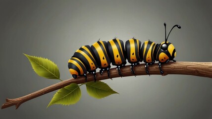 Yellow and black caterpillar crawling on a branch.