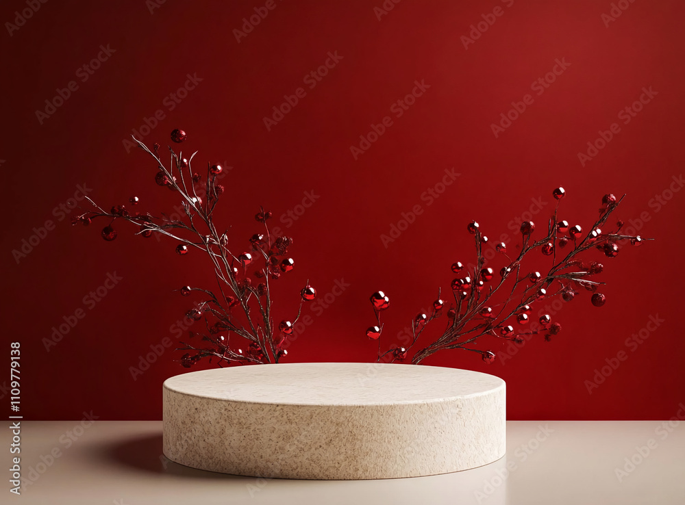 Aufkleber Decorative display featuring a circular pedestal with red twigs against a deep red background