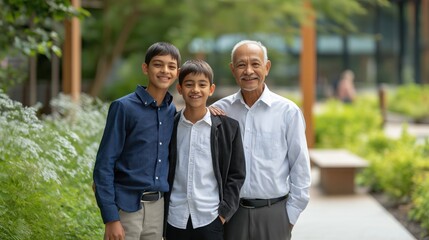 Three generations come together in a formal family portrait, celebrating their bond in a serene garden full of greenery on a sunny day