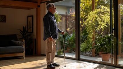 A man utilizes a cane to practice mobility exercises in a spacious living room filled with sunlight and greenery