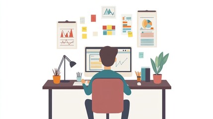 Man working at computer desk with charts, graphs, and sticky notes.