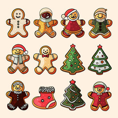 Christmas classic cookies in a flat cartoon design. Gingerbread men, Christmas tree in different versions. Vector isolated on white background