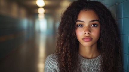 Obraz premium A lonely African American teen girl stands in a high school hallway, her face showing sadness and isolation during class
