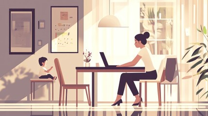 Mother working from home, child playing nearby.