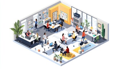 Obraz premium Isometric view of a modern, diverse office space with employees working at desks and collaborating.
