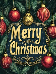 'Merry Christmas' Typography in Golden Lettering with classic Christmas Ornaments. Vintage Christmas Card Template