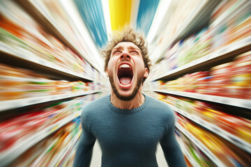 An overwhelmed shopper shouts in frustration amid crowded grocery store aisles, reflecting stress and chaos.