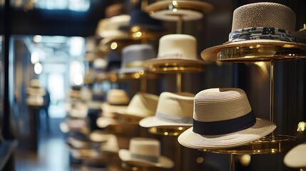 Elegant straw hats displayed on a gold rack in a stylish hat shop.