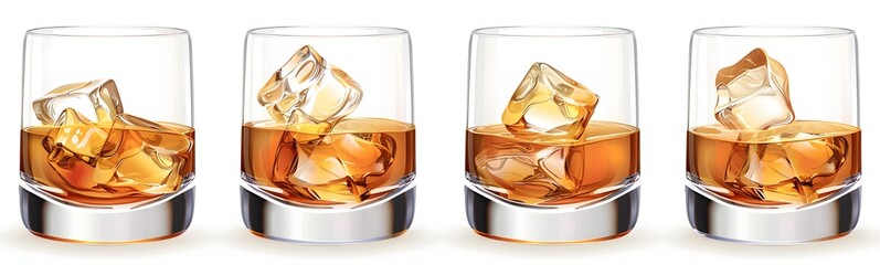 Four rocks glasses filled with amber liquid and ice cubes.  The ice melts slowly, creating a dynamic image.