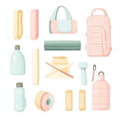 Obraz premium Fitness essentials yoga mat, resistance bands, water bottles, bag, and foam roller.