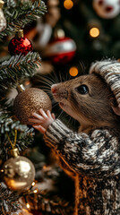 Naklejka premium Charming mouse in a cozy winter outfit adorns a christmas tree with a shimmering golden ball