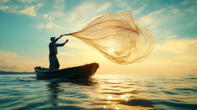 A fisherman skillfully throws a fishing net into tranquil waters as sunlight glimmers on the surface, creating a serene atmosphere