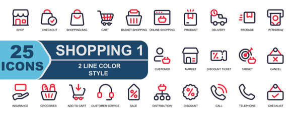 25 shopping icons.2 row color style.contains insurance,money,groceries,add to cart,customer service,sale,price tag,distribution,table,discount.